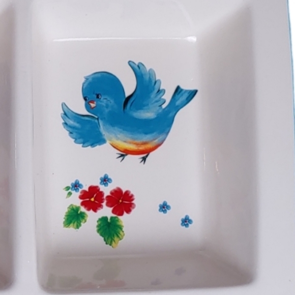 Snack Dip Tray Three Compartment Bluebirds Flowers Butterfly White Blue … - Picture 7 of 14